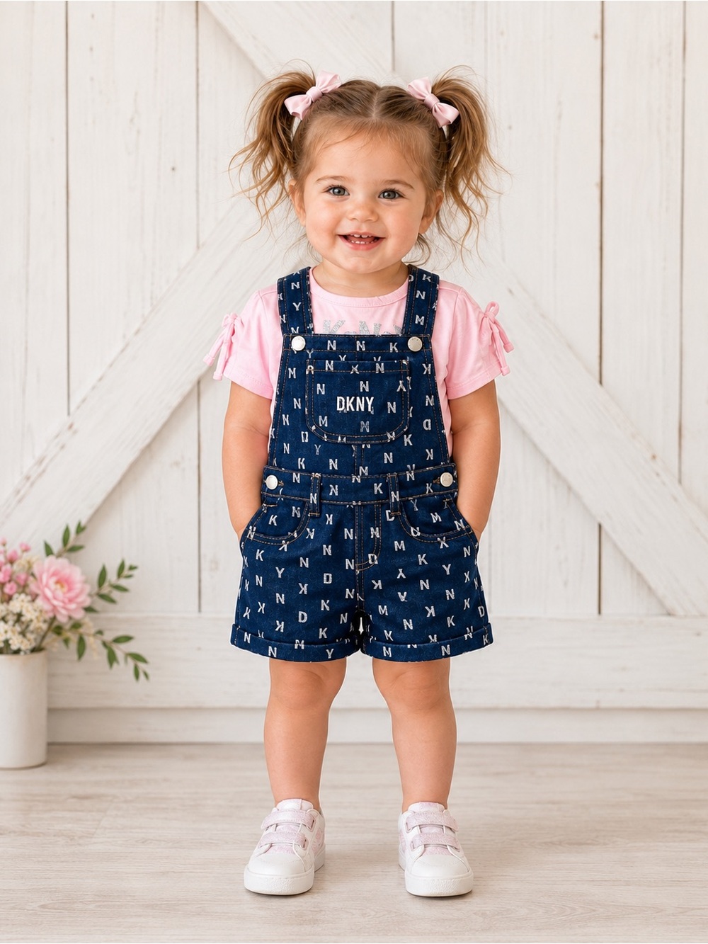 NWT DKNY Baby Girls 24M Denim Logo Shortall Overalls Pink Glitter Tee 2PC Set